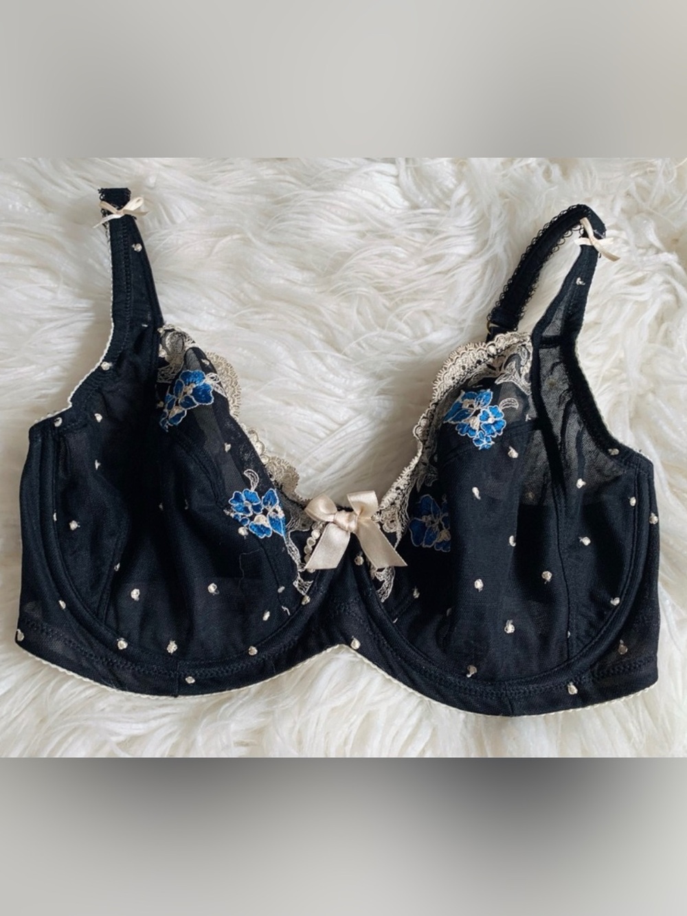 Fayreform Society Underwire Cup Embroidered Bra Black Blue Size 32E